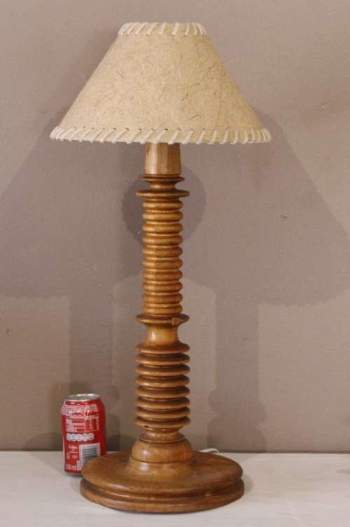 A stunning tall wood table lamp with a vintage shade -Lifespace Sale
