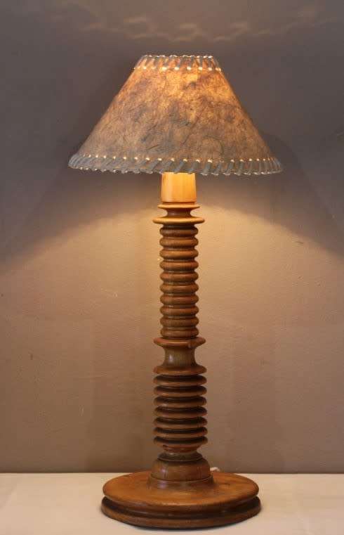 A stunning tall wood table lamp with a vintage shade -Lifespace Sale