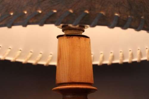 A stunning tall wood table lamp with a vintage shade -Lifespace Sale