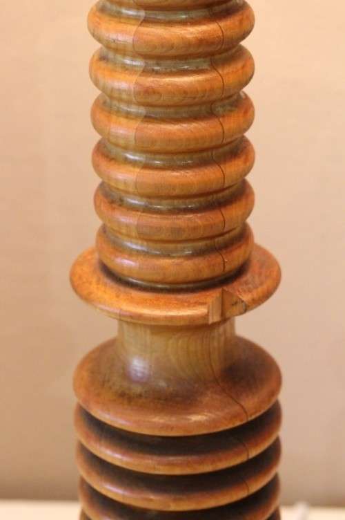A stunning tall wood table lamp with a vintage shade -Lifespace Sale
