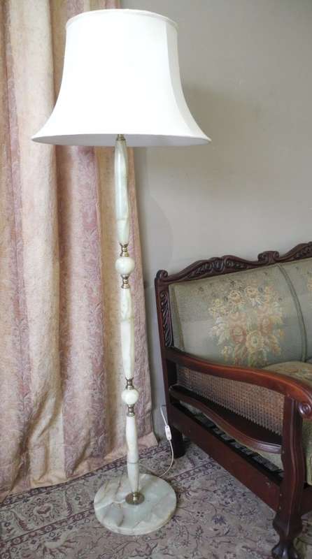 A stunning vintage brass & marble floor standing lamp w/  large Victorian style shade-Lifespace Sale