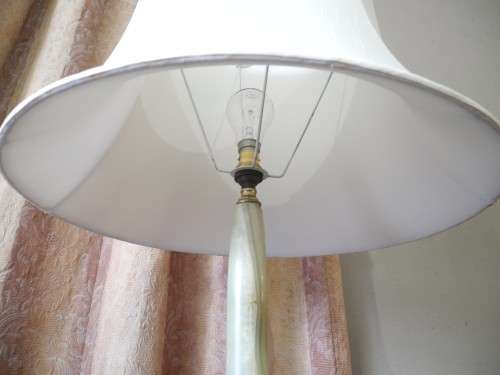 A stunning vintage brass & marble floor standing lamp w/  large Victorian style shade-Lifespace Sale