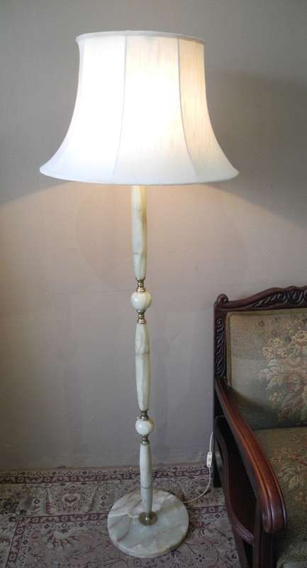 A stunning vintage brass & marble floor standing lamp w/  large Victorian style shade-Lifespace Sale