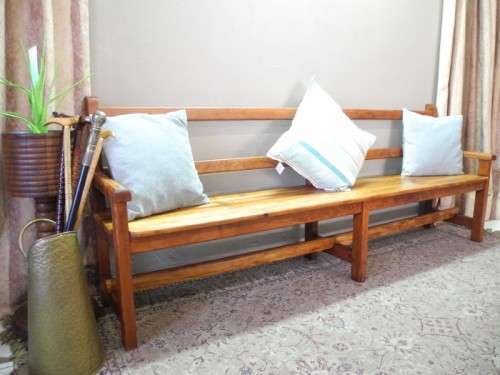 A fantastic well-made, sturdy vintage 5 seater Oregon wood bench - perfect  in a lapa/ patio!