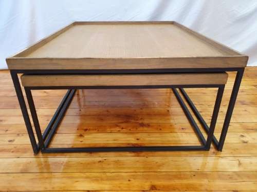 A stylish Oak veneer double coffee table set on metal legs-Xmas sale