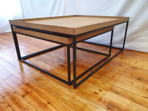 A stylish Oak veneer double coffee table set on metal legs-Xmas sale