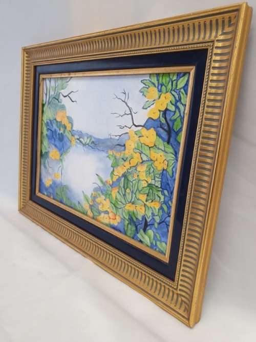A beautiful framed tile painting of Yellow blossoms. Xmas sale