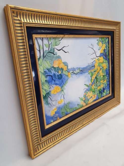 A beautiful framed tile painting of Yellow blossoms. Xmas sale