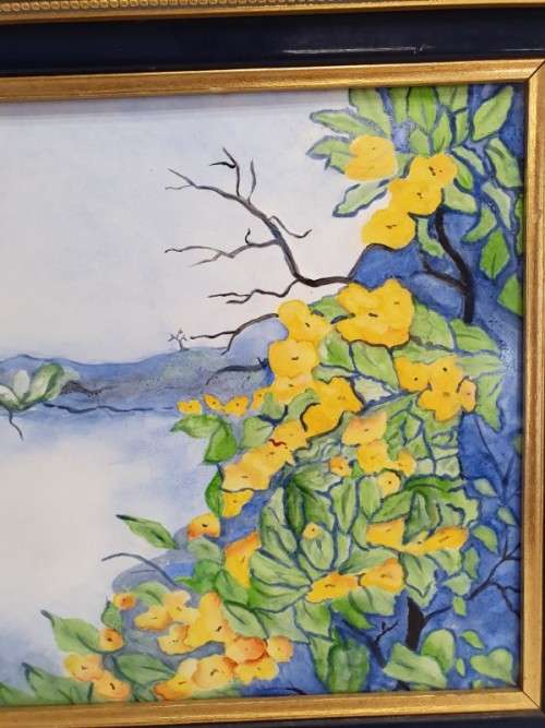 A beautiful framed tile painting of Yellow blossoms. Xmas sale