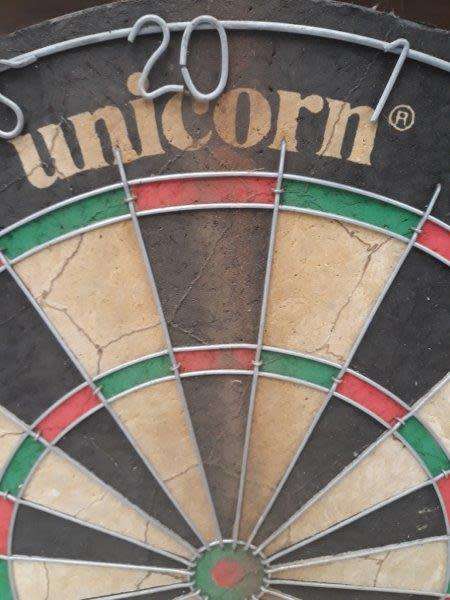 An awesome Unicorn Dart board in a wood cabinet