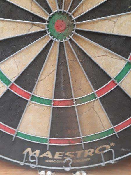 An awesome Unicorn Dart board in a wood cabinet