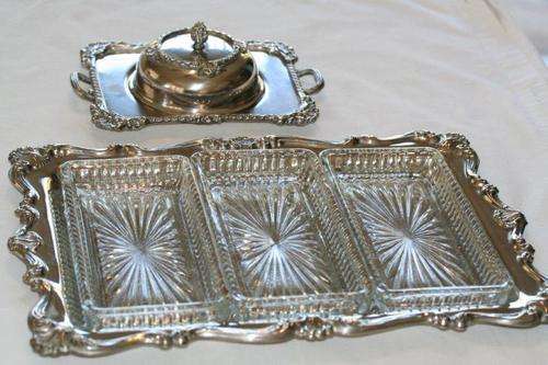 SILVER PLATED SNACK PLATTER AND BUTTER DISH!!! AWESOME...