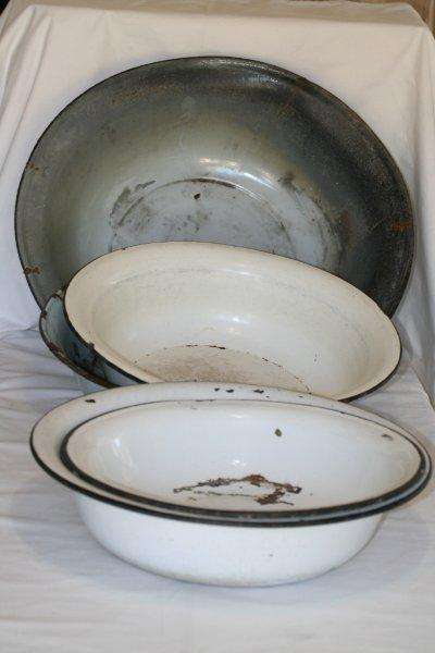 SIX LARGE GENUINE ENAMEL BOWLS - THE REAL OLD DEAL... ROUGH AND READY BUT SO COOL!