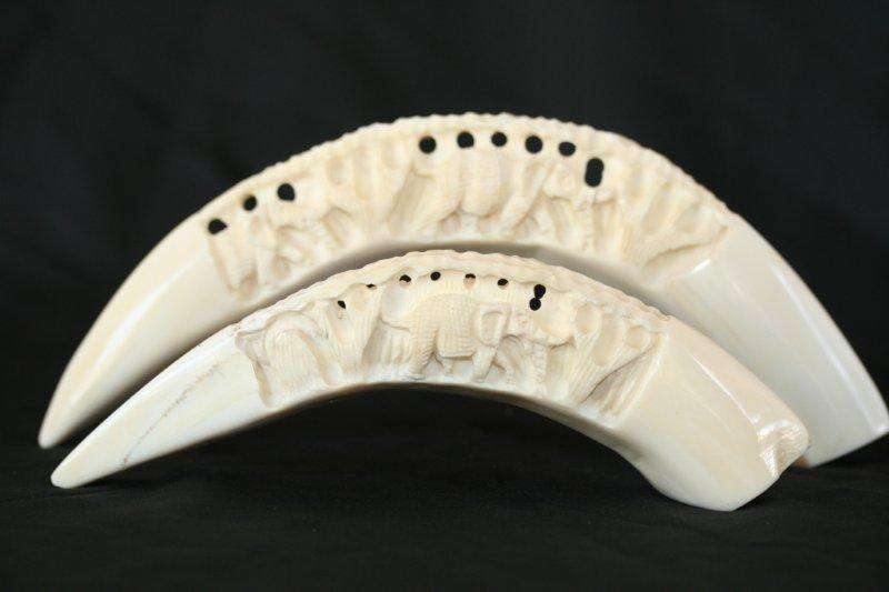 A PAIR OF STUNNING CARVED TUSKS!!! PLEASE VIEW - BEAUTIFUL DETAIL...