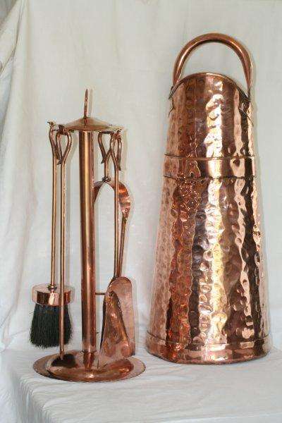 ***JOB LOT*** LARGE ANTIQUE COPPER FIRE POKER SET & COAL SCUTTLE!!! AWESOME!!! ONE BID FOR ALL...