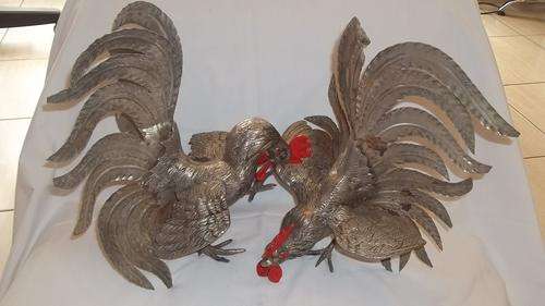 RARE DRAMATIC ANTIQUE ITALIAN SILVER PLATED FIGHTING ROOSTERS: THIS IS AN EXQUISITE PAIR