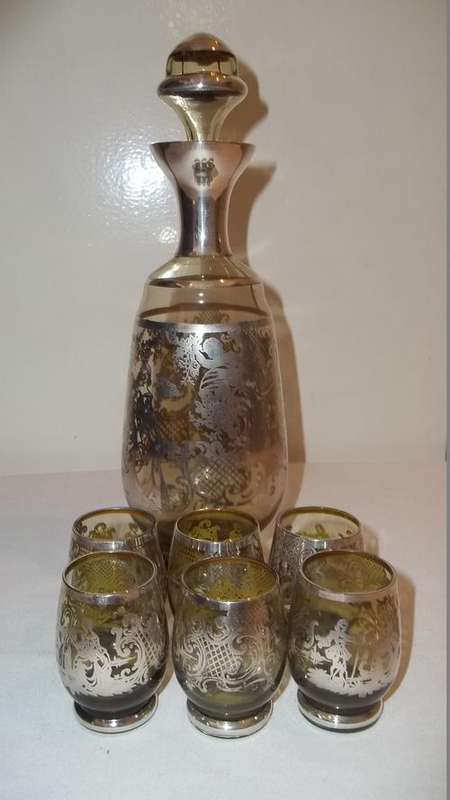 AMAZING!!!! ANTIQUE VENETIAN SILVER OVERLAY OLIVE GLASS LIQUEUR DECANTER AND GLASSES - WOW!!!!!
