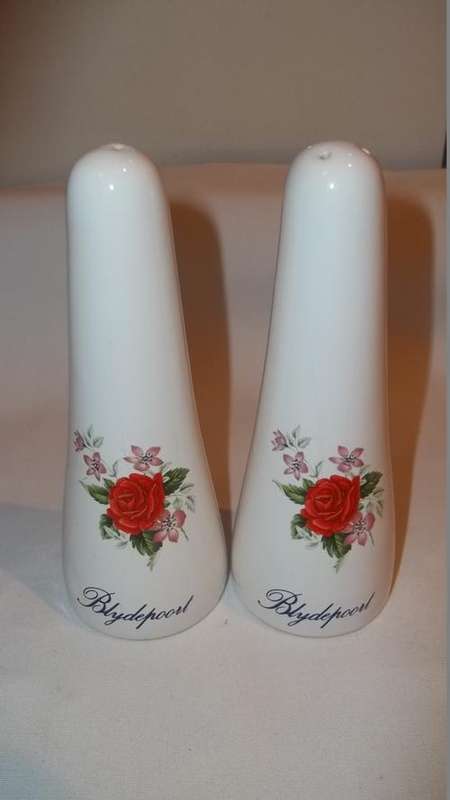 AWESOME TALL "BLYDEPOORT" CERAMIC SALT AND PEPPER CELLARS - SOMETHING QUITE NICE
