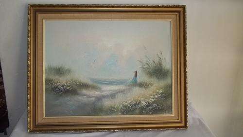 MAGNIFICENT PHILIP SANDEE OIL ON CANVAS PAINTING OF A LITTLE GIRL AT THE BEACH
