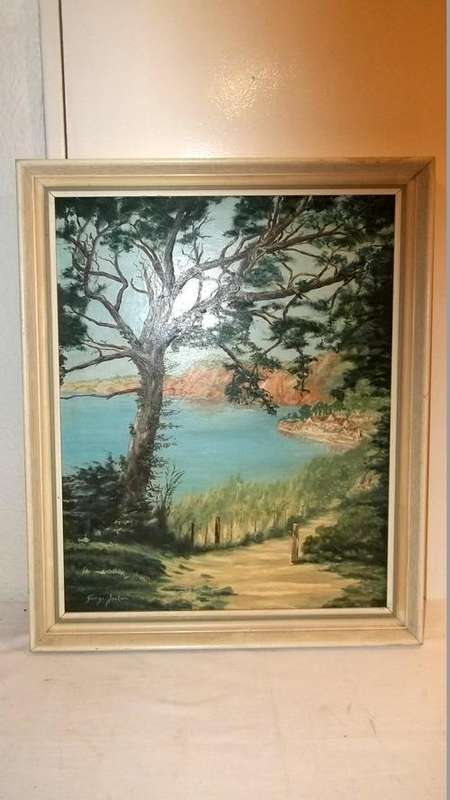 AN AMAZING FRAMED GEORGE JACKSON OIL ON BOARD LANDSCAPE OF A PATHWAY ALONGSIDE A LAKE