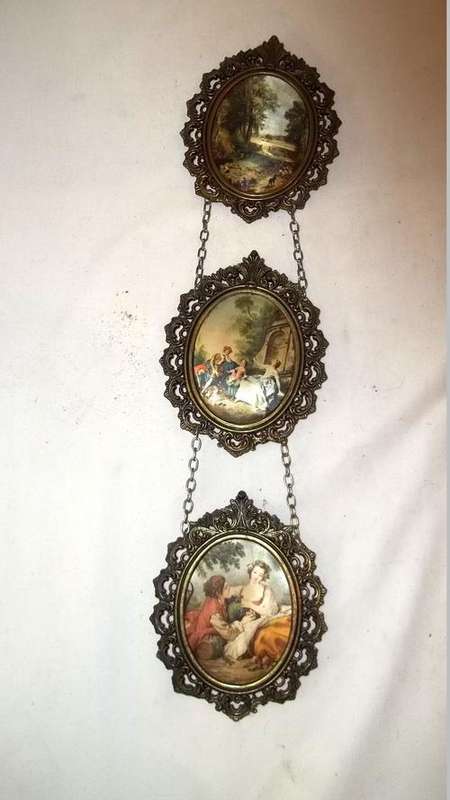 A SET OF THREE ITALIAN MADE "ANTIQUE"? LOOKING FRAMES WITH SILK TRANSFER PICTURES IN THE FRAMES