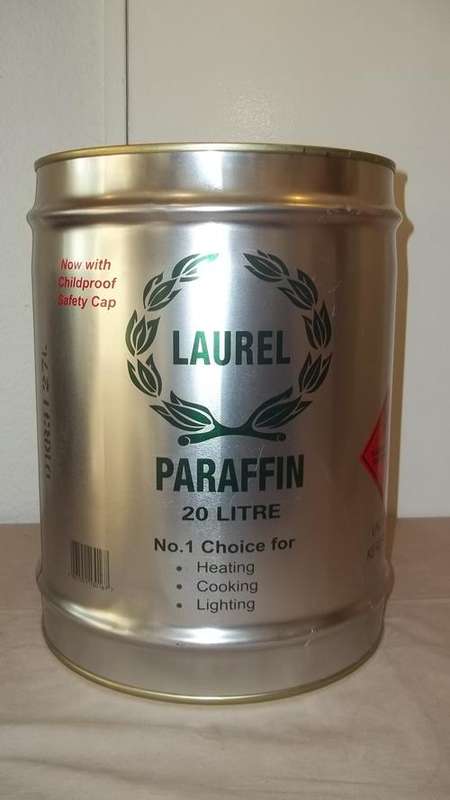 AN AWESOME METAL LAUREL PARAFFIN 20L TIN WITH CHILDPROOF SAFELY CAP