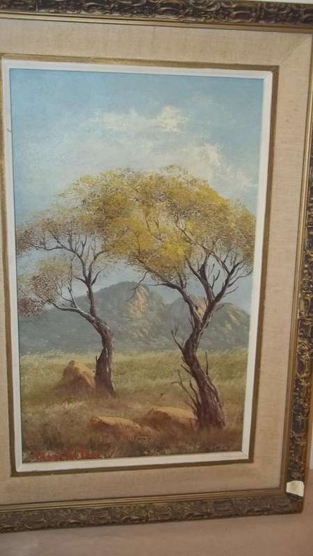 A SUPERB ORIGINAL SIGNED HENNIE COETZEE FRAMED LANDSCAPE PAINTING OF BUSH VELD TREES