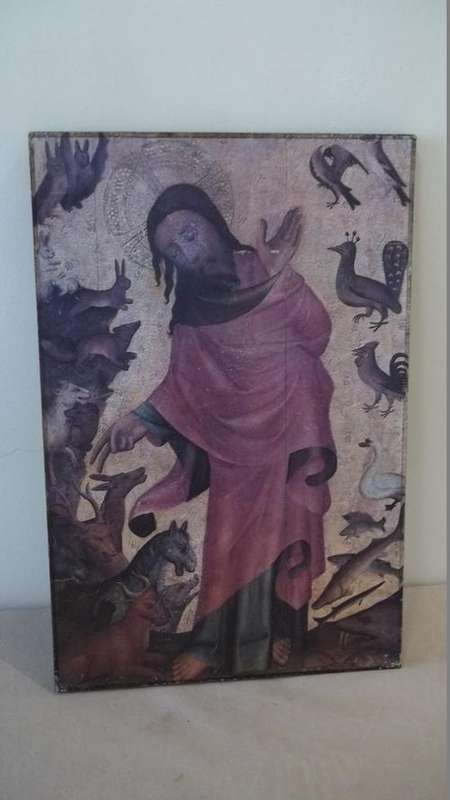 AN AWESOME PRINT MOUNTED ON BOARD OF MASTER BERTRAM'S "CREATION OF THE ANIMALS" - STUNNING