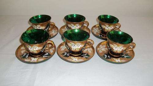 A MAGNIFICENT "FOREST GREEN" VINTAGE BOHEMIAN GLASS HAND PAINTED SET OF SIX CUPS AND SAUCERS