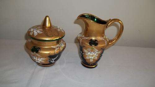 A MAGNIFICENT "FOREST GREEN" VINTAGE BOHEMIAN GLASS HAND PAINTED MILK JUG AND SUGAR BOWL
