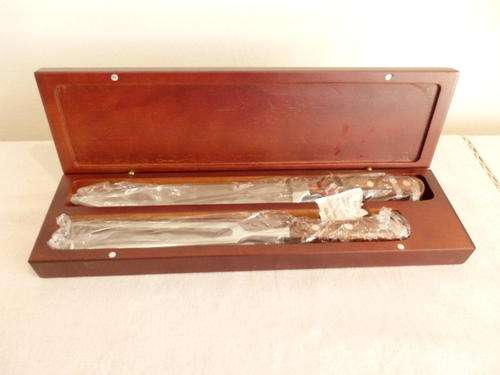 A MAGNIFICENT "BOXED" WOODEN CARVING KNIFE AND FORK SET WITH STEEL BLADES
