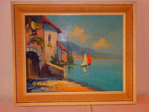 AN AWESOME ORIGINAL OIL ON BOARD FRAMED PAINTING BY ARTIST MULLER OF A MEDITERRANEAN VILLA AND BOATS