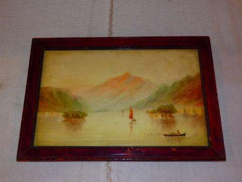 AN AMAZING FRAMED 1929 WATERCOLOUR PAINTING OF A LAKE WITH SMALL BOATS