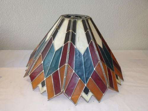 A STUNNING LARGE STAINED GLASS LAMP SHADE WITH A VERY STURDY FRAME AND LINED BACKING