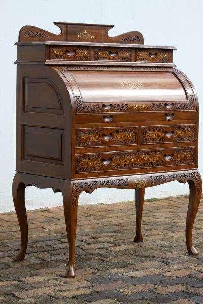 AN EXQUISITE TEAK WRITING DESK WITH BRASS INLAY AND HAND CARVING - GORGEOUS FURNITURE...BARGAIN!!!