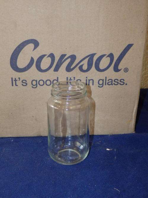 A COMPLETE BOX (24 JARS) OF CONSOL GLASS 250ml CLEAR GLASS SHEER JARS
