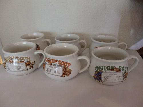 SIX AWESOME LARGE CERAMIC SOUP MUGS WITH DIFFERENT SOUP RECIPES ON EACH MUG