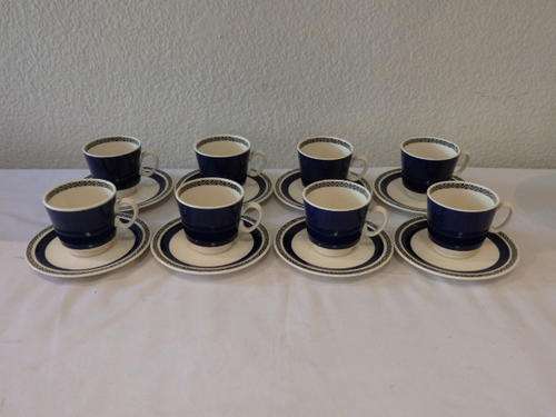 A STUNNING SET OF 8 BLUE AND WHITE VILLEROY AND BOCH OF GERMANY "SAPHIR" SERIES CUPS AND SAUCERS