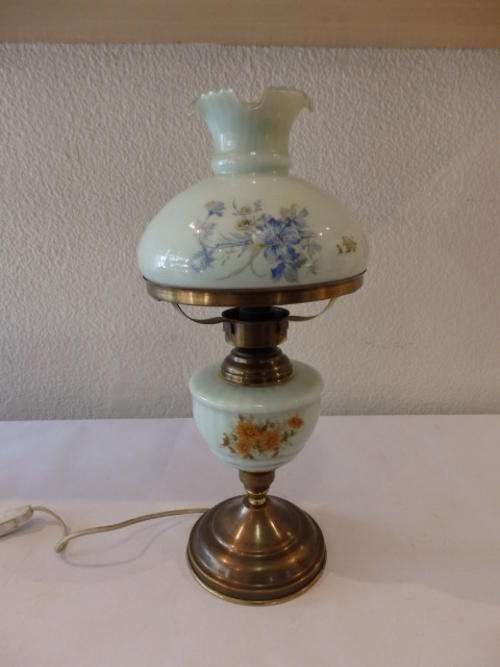 A BEAUTIFUL BRASS AND POWDER BLUE GLASS LAMP WITH HAND PAINTED FLORAL DESIGNS