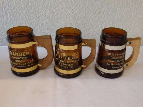 THREE AWESOME VINTAGE (1970's) BROWN GLASS BEER MUGS WITH WOODEN HANDLES