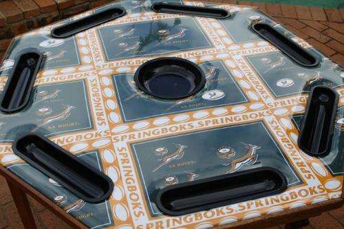 AN EXQUISITE SOLID OAK VONO 7 SIDED FOLDING CARD TABLE WITH A SPRINGBOK RUGBY THEME!!! AWESOME!!!