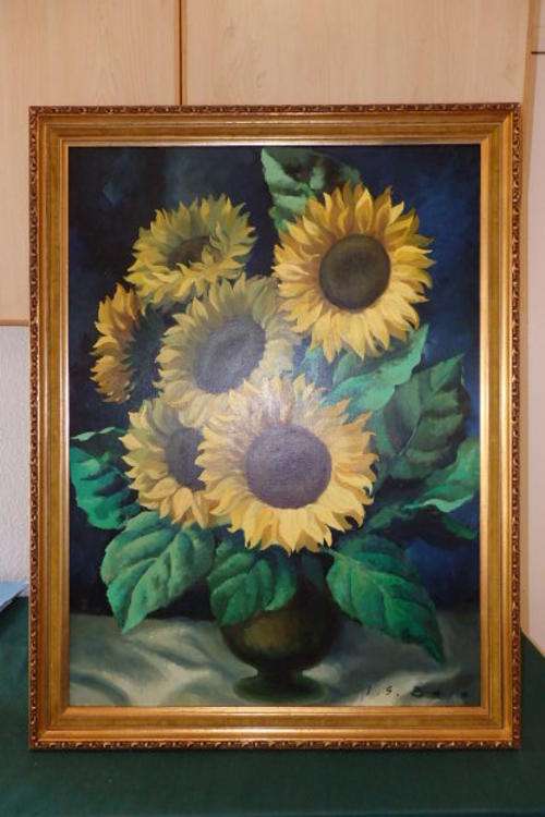 AN EXQUISITELY PAINTED AND FRAMED "SUNFLOWERS" OIL ON CANVAS BY ARTIST JG BALO