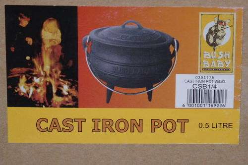 TWO AWESOME "BUSH BABY" 500ml THREE LEGGED CAST IRON BLACK POTS IN THEIR ORIGINAL BOXES