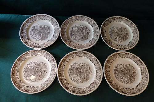 A FANTASTIC SET OF SIX VINTAGE BROADHURST OF ENGLAND IRONSTONE "TUDOR VILLAGE" DINNER PLATES