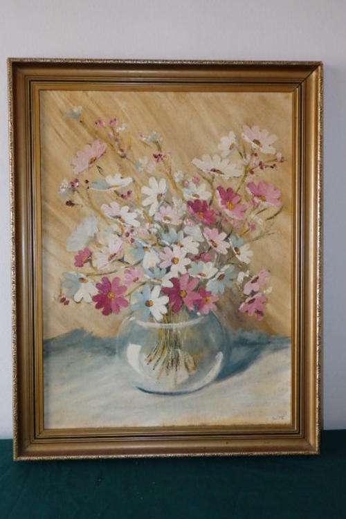 AN EXQUISITE FRAMED OIL ON BOARD PAINTING OF A LARGE BOWL OF COSMOS FLOWERS BY A. DU PLESSIS
