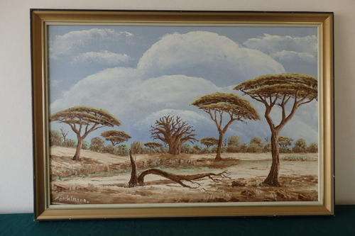 A BEAUTIFUL FRAMED OIL ON BOARD PAINTING OF THE DESERTED KALAHARI BY FAMOUS ARTIST WERNER FORDELMANN