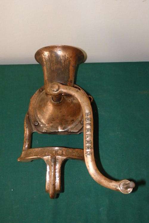 A FANTASTIC AND RARE ANTIQUE (LATE 1800's) VICTORIAN ERA LOVELOCK NO. 4 BRASS PLATED COFFEE GRINDER