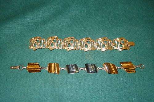 TWO STUNNING GOLD PLATED LADIES BRACELETS INCLUDING ONE WITH TIGER-EYE STONES