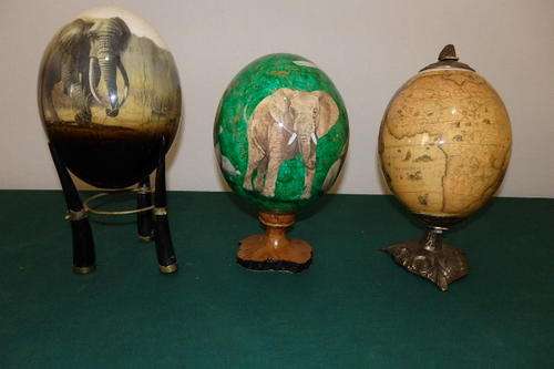THREE SPECTACULAR DECOUPAGE OSTRICH EGGS WITH AN AFRICAN THEME INCLUDING THE BIG FIVE