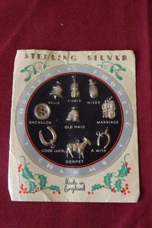 AN AMAZING ANTIQUE (c1850's) SET OF 9 STERLING SILVER CHRISTMAS PUDDING CHARMS